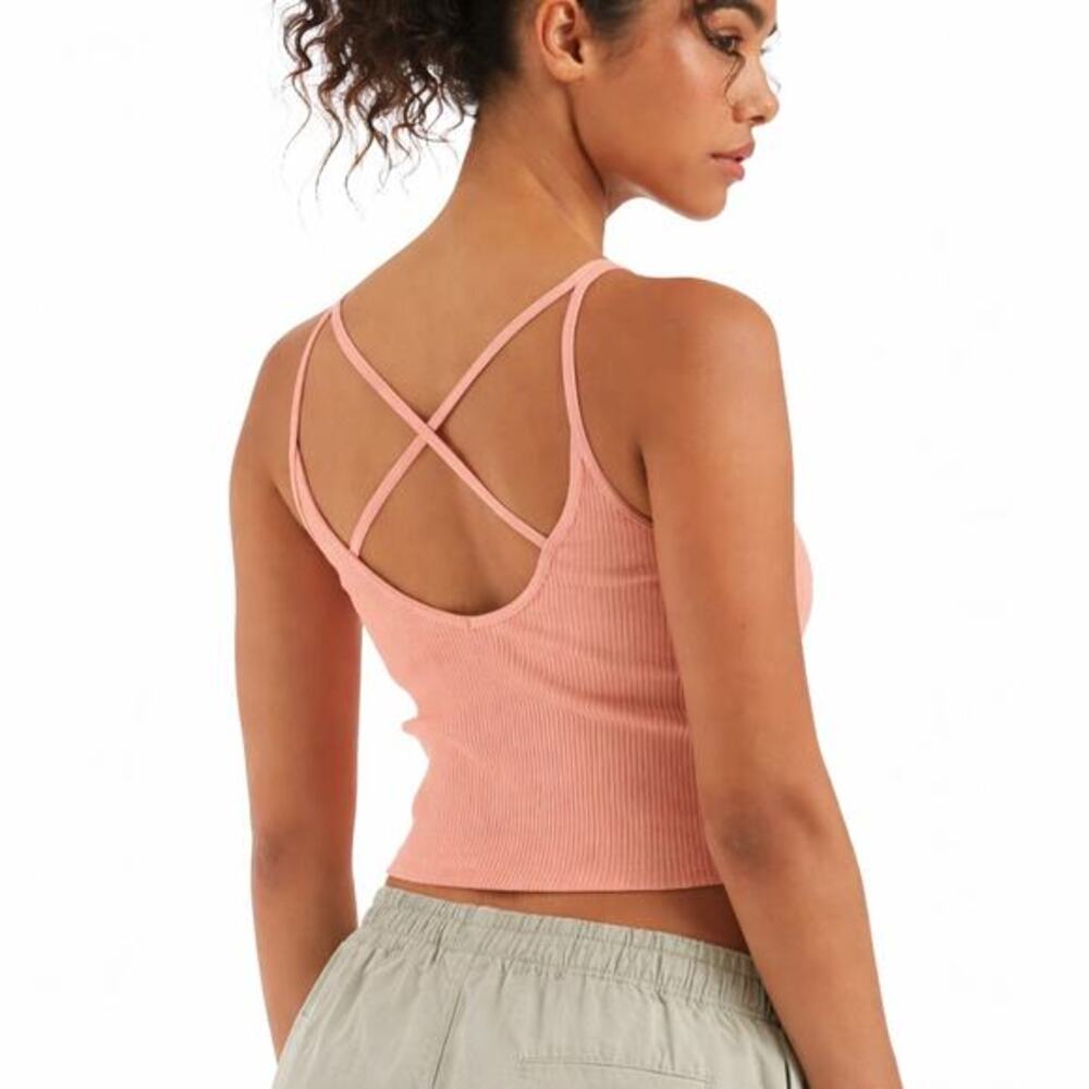 Vuori Rib Cross-Back Crop Tank in Light Cinnamon/Peach Coral Pink XS